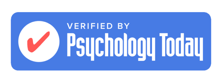A blue badge with the word " psychologue ".
